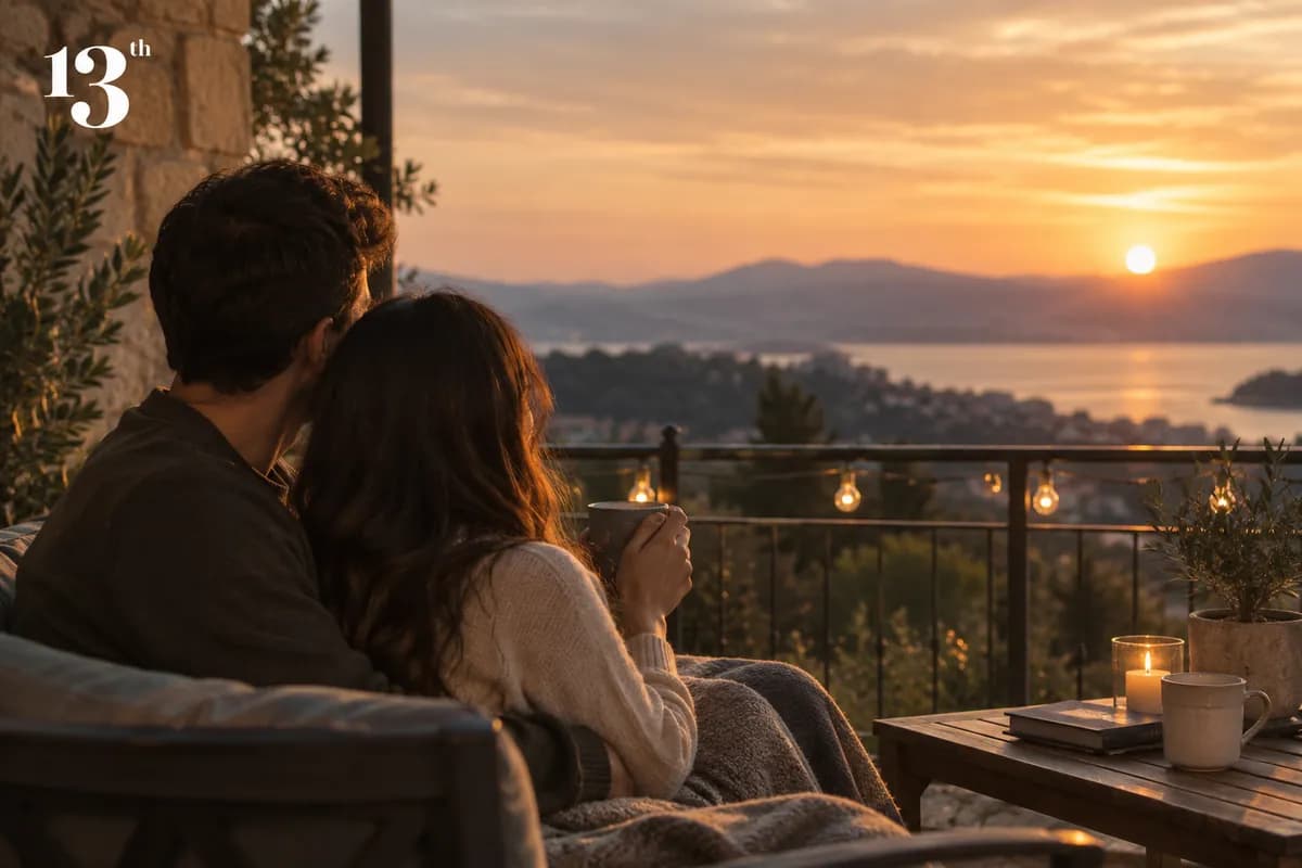 Man and woman sharing coffee on a balcony overlooking mountains and a lake, representing genuine connection in sober dating