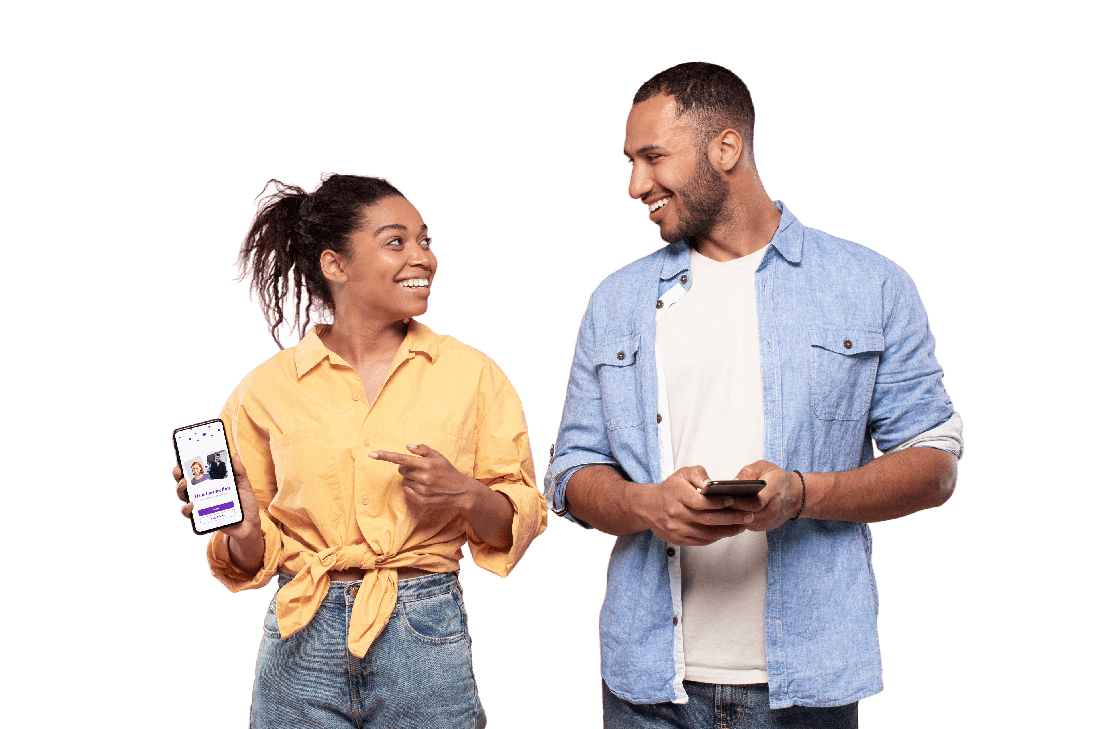 Happy couple sharing content on their smartphones while connecting