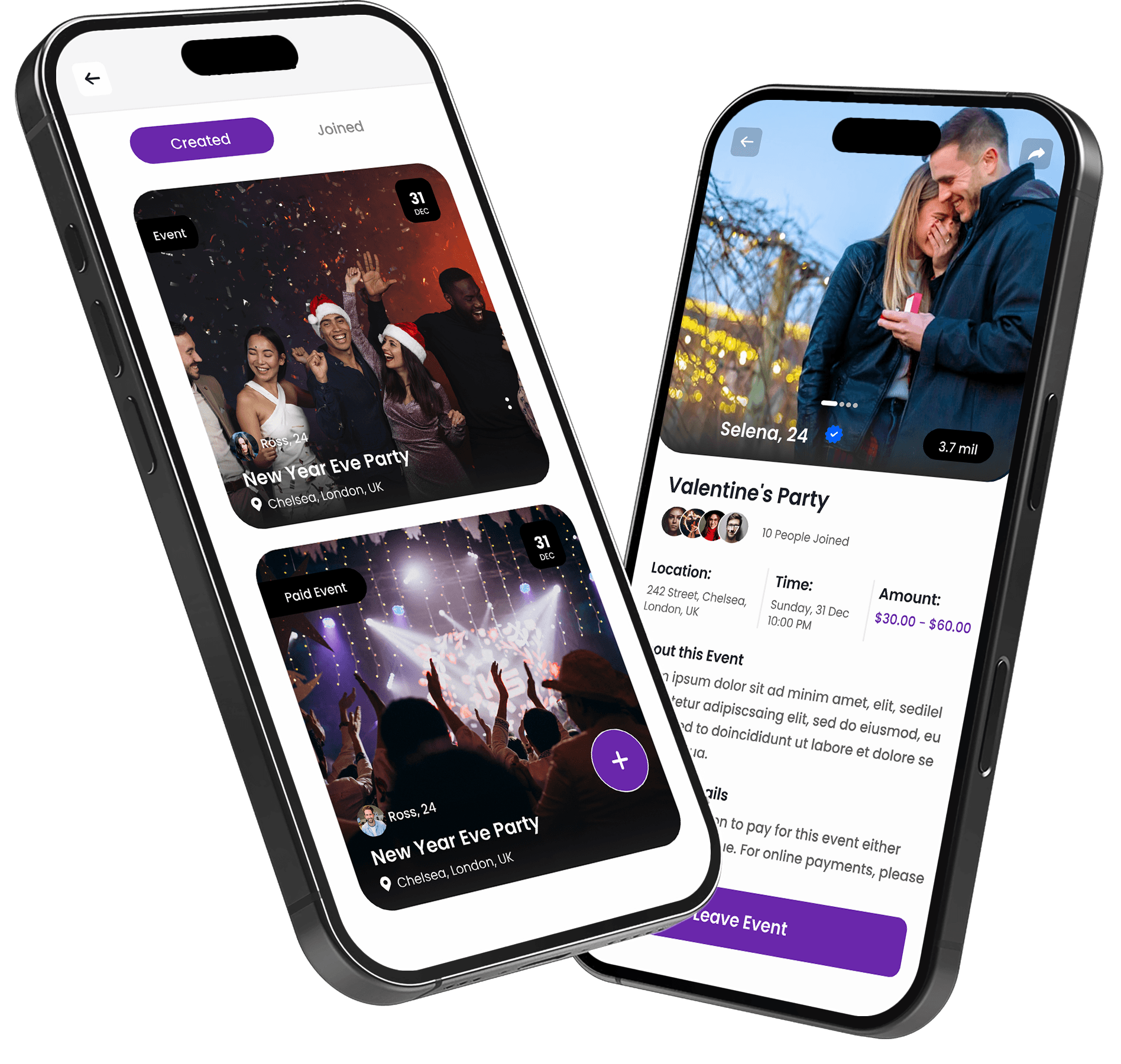 Two 13th Step app screens showing event listings and event details