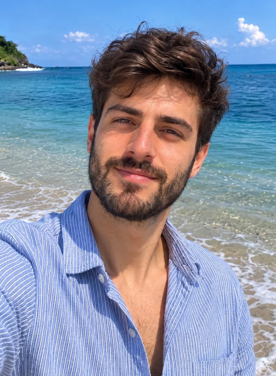 Young man in a striped shirt smiling on a sunny beach