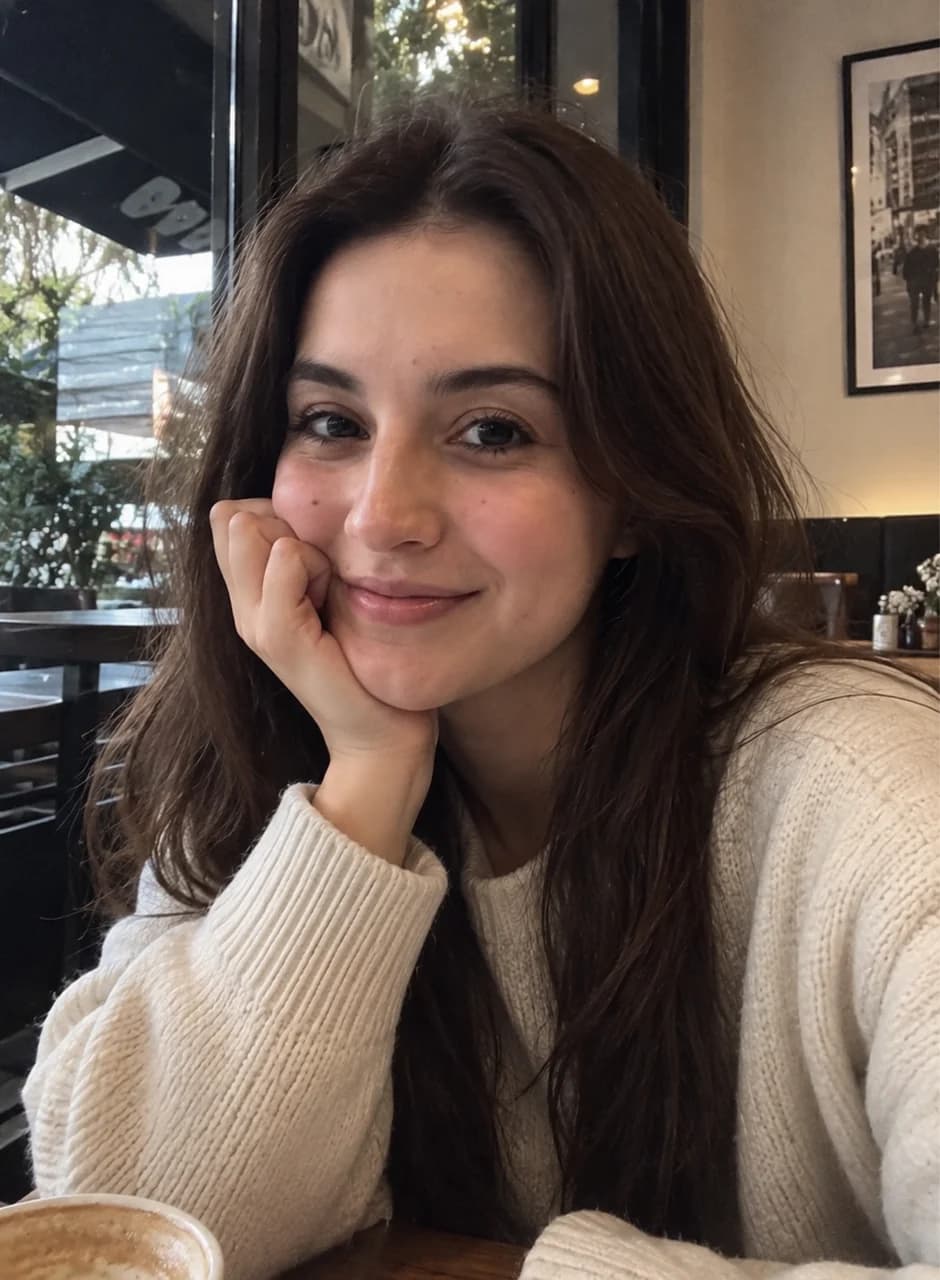 Young woman in a cream sweater smiling in a sunlit cafe