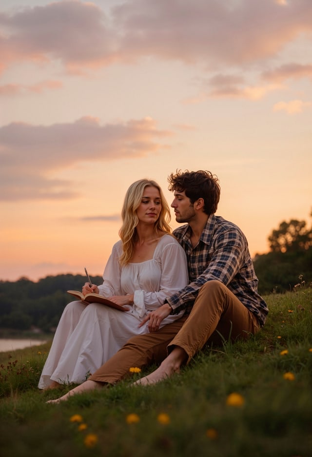 Couple sitting together in a field at sunset