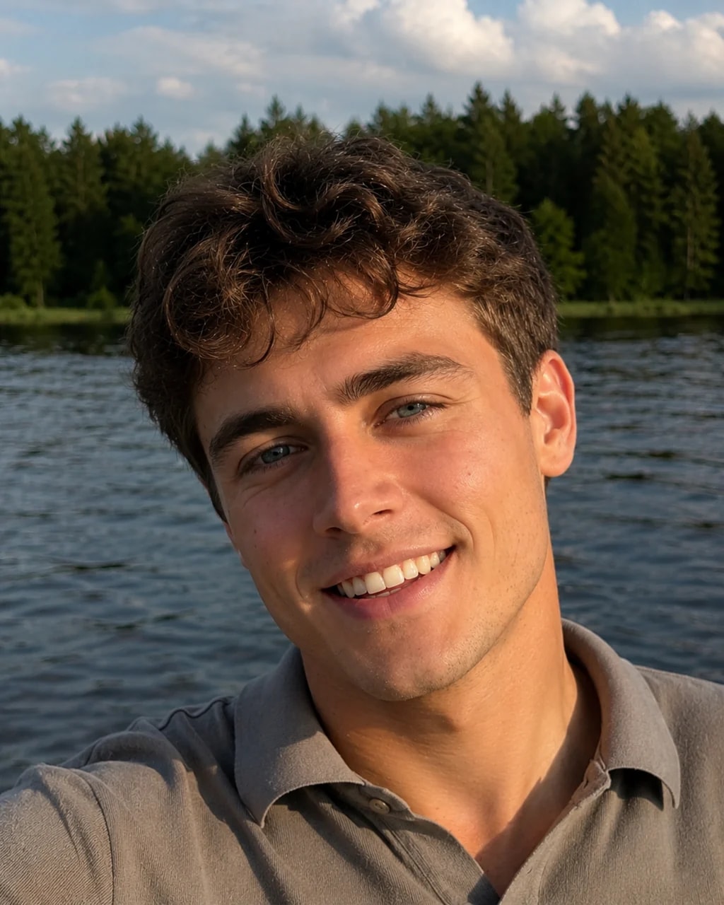 Young man in a polo shirt smiling outdoors beside a lake and forest