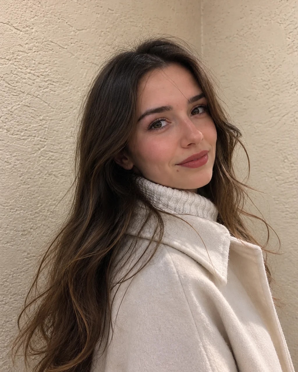 Young woman with long brown hair in a cream coat smiling softly at the camera