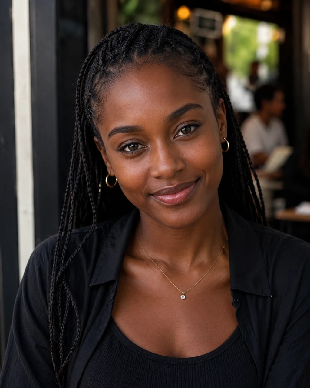 Young woman with micro-braids and gold jewelry smiling in a cafe setting