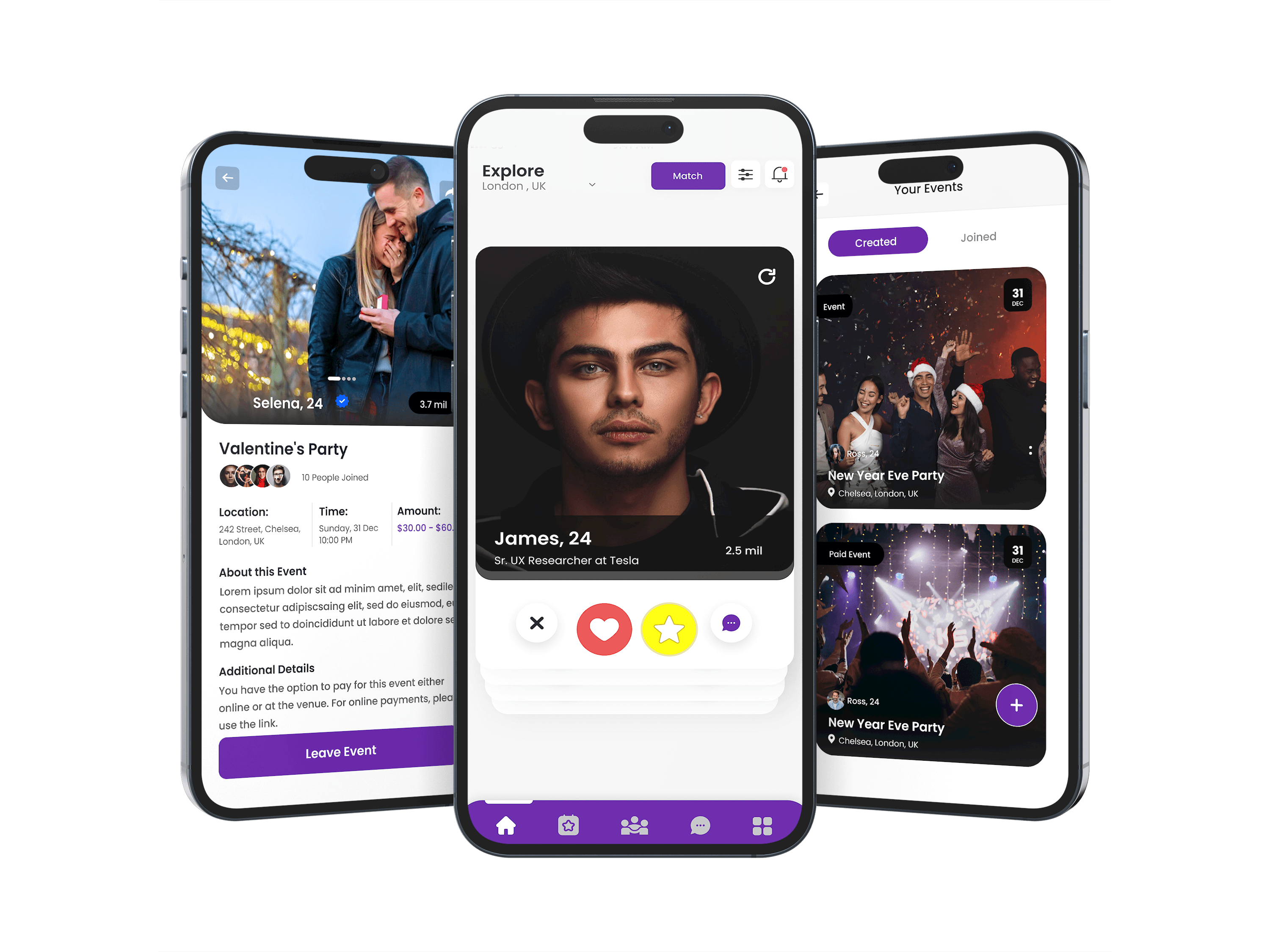 Three 13th Step app screens showing profile matching, event details, and event discovery