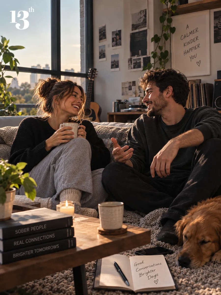 Sober couple laughing together at home with recovery books and dog, showing healthy communication and genuine connection in sober dating relationships