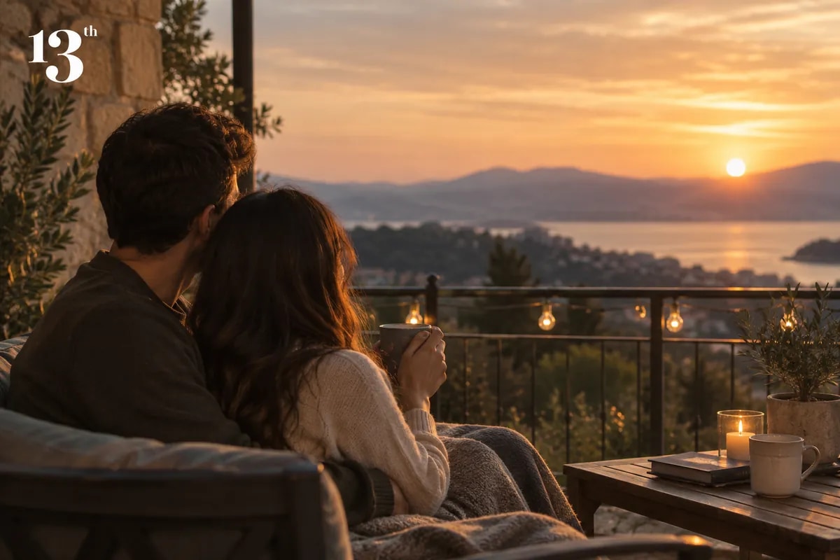 Man and woman sharing coffee on a balcony overlooking mountains and a lake, representing genuine connection in sober dating