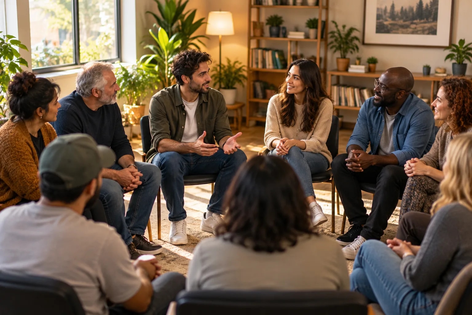 Diverse group of men and women in recovery meeting circle with warm lighting and plants, showing community support and the strong foundation needed for healthy sober dating
