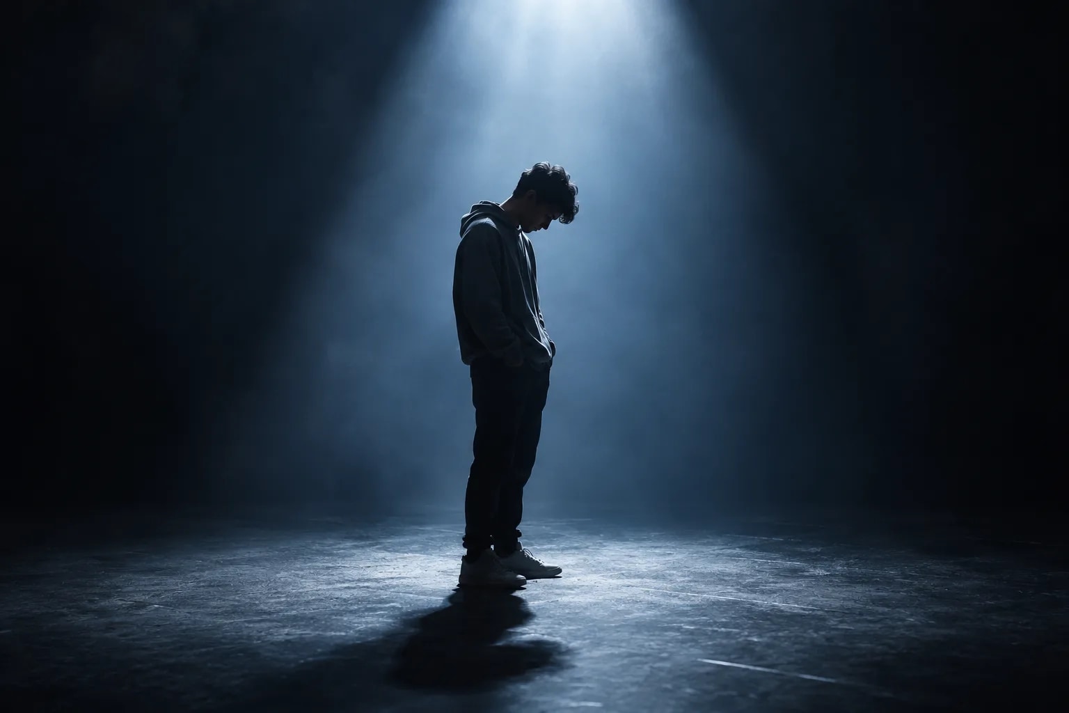 Silhouette of vulnerable person standing alone under spotlight in shadow, representing emotional fragility in early recovery and susceptibility to 13th stepping manipulation