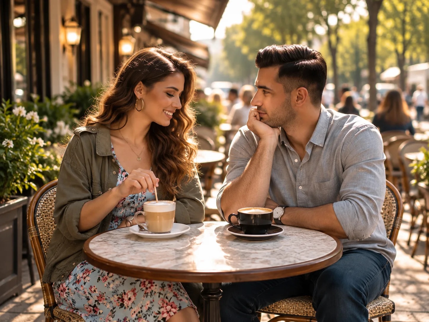 Young man and woman on sober date laughing together at outdoor coffee shop