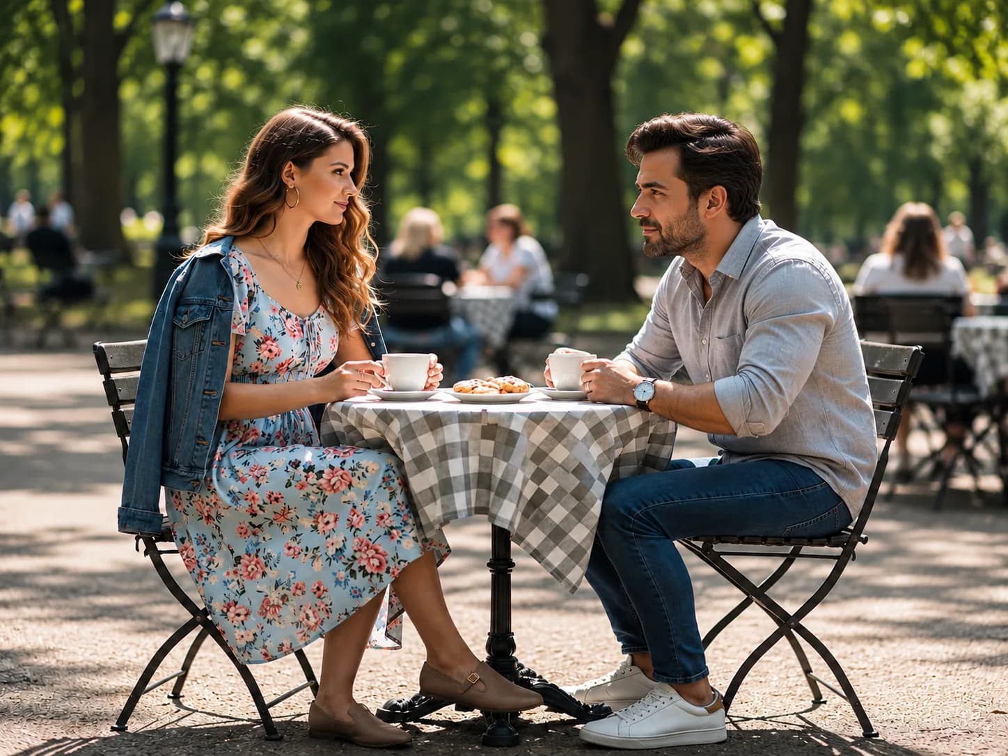 Sober dating couple sharing coffee and conversation at an outdoor park picnic bench with natural scenery
