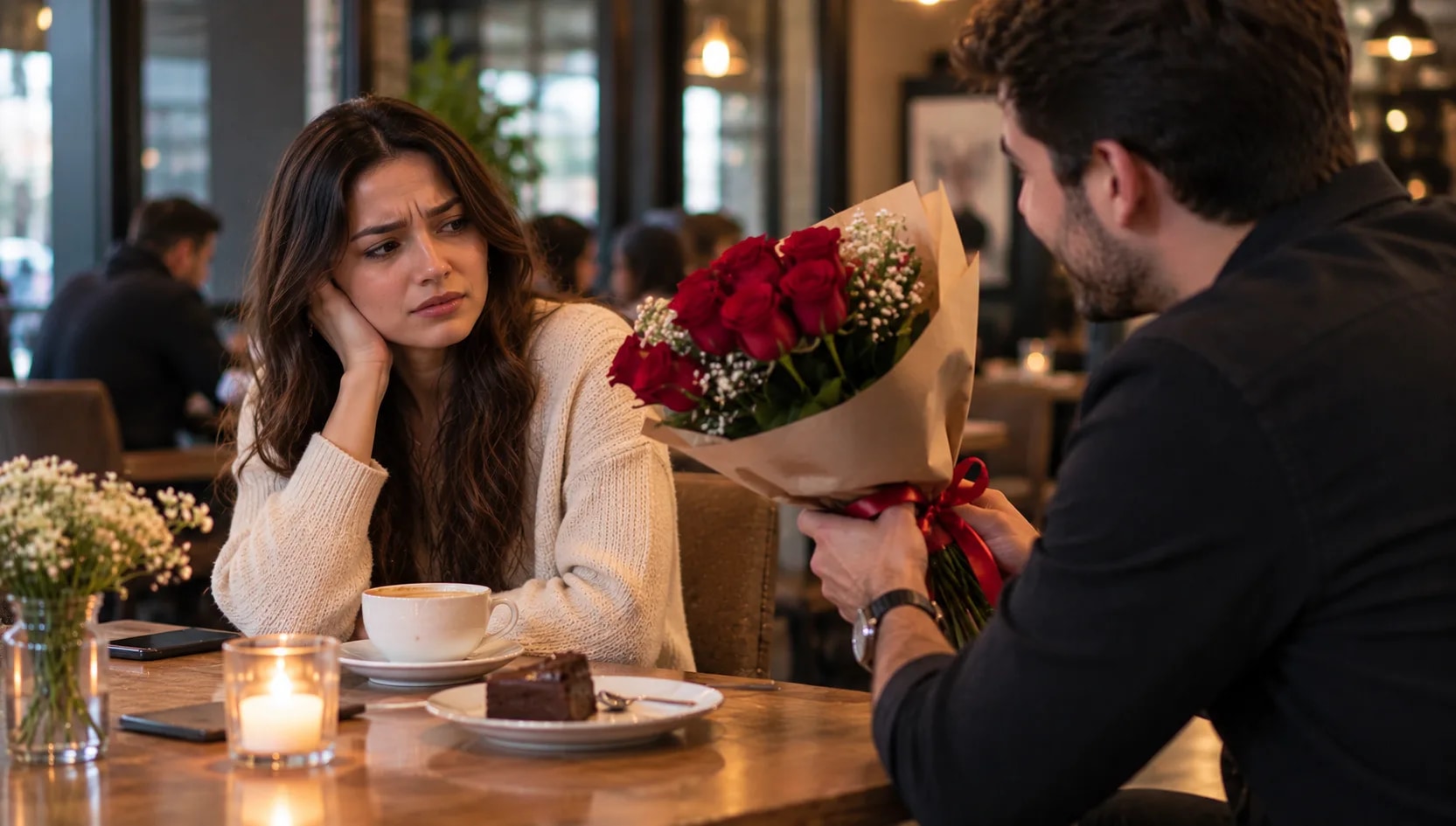 Woman with concerned expression receives oversized bouquet of red roses from man at intimate café date, representing love-bombing behavior in early-stage relationships and sober dating scenarios