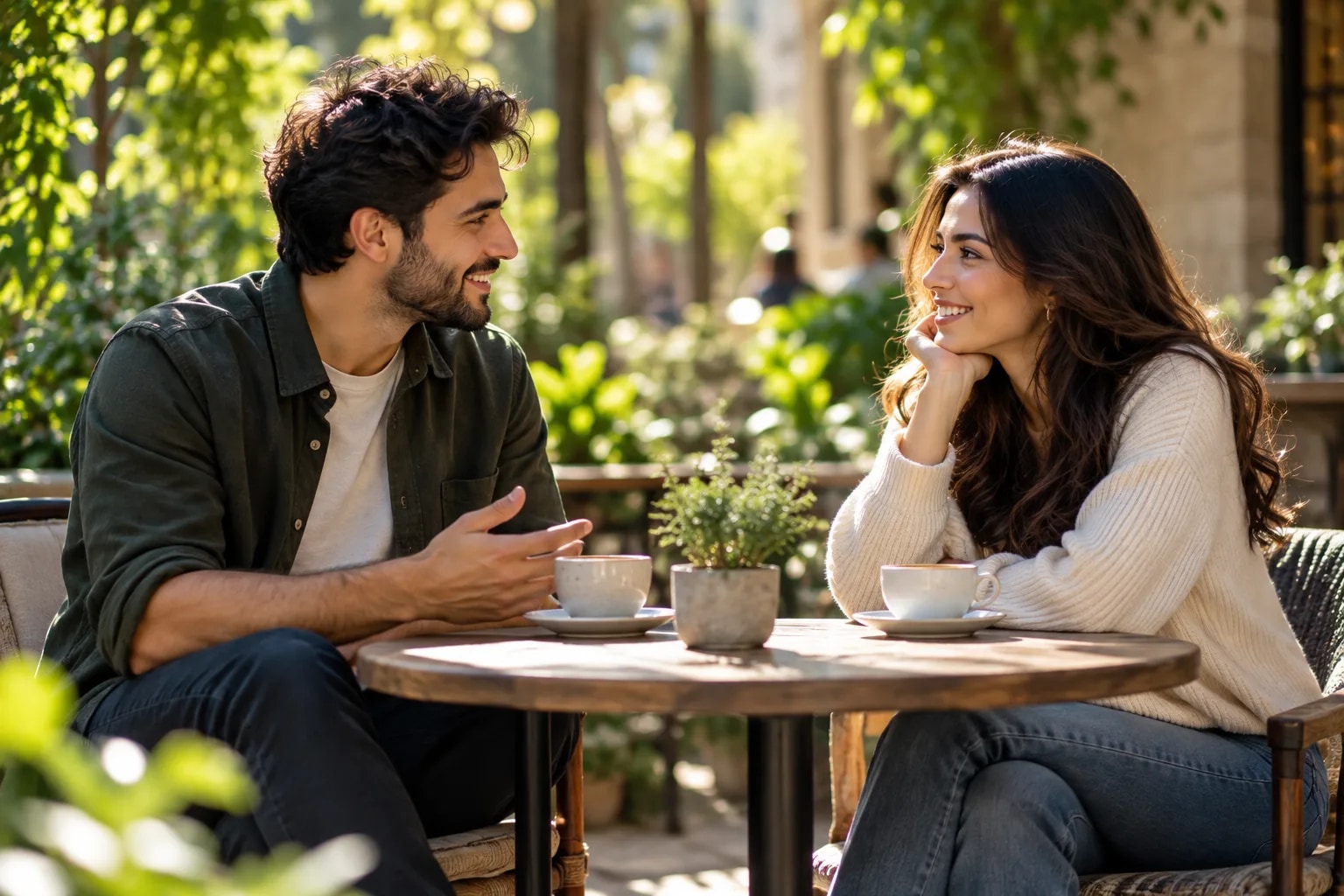 Couple having meaningful conversation at outdoor café table with natural greenery, representing healthy sober dating with genuine connection and respectful boundaries