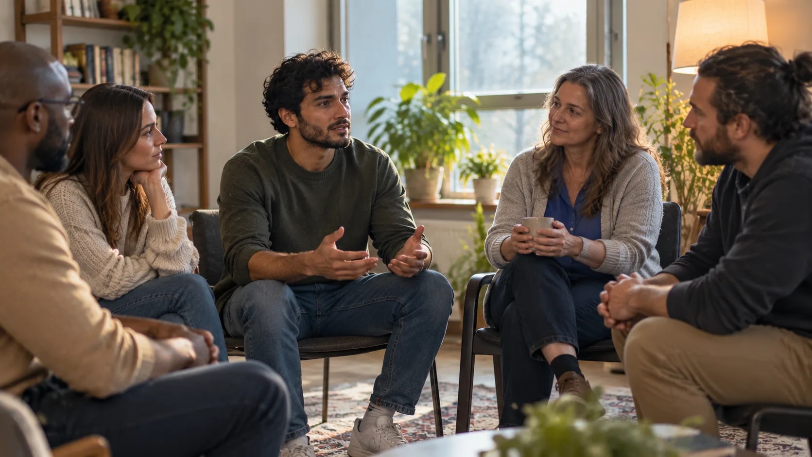 Support group circle with diverse people in recovery, representing safe community