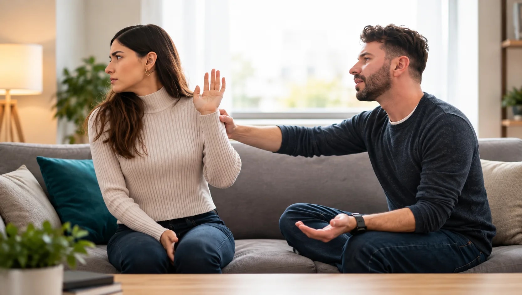 Woman raising hand defensively while man leans in, illustrating controlling behavior and boundary violation in relationships.