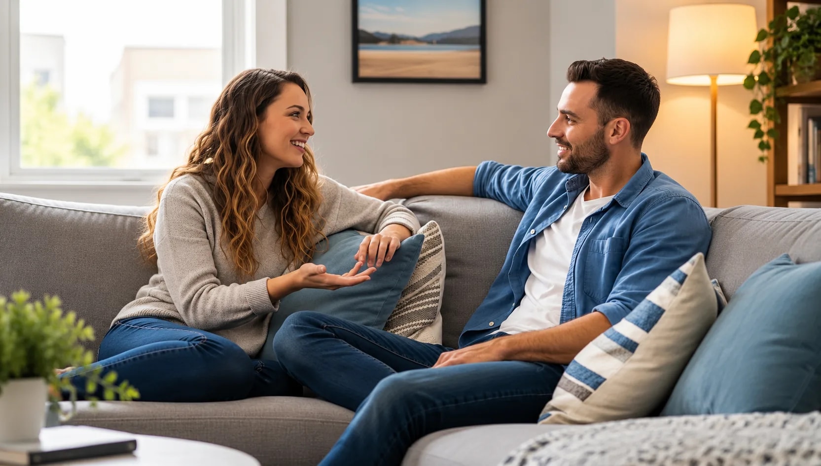 Couple having engaged conversation on couch, both smiling and leaning toward each other, showing healthy communication in relationships