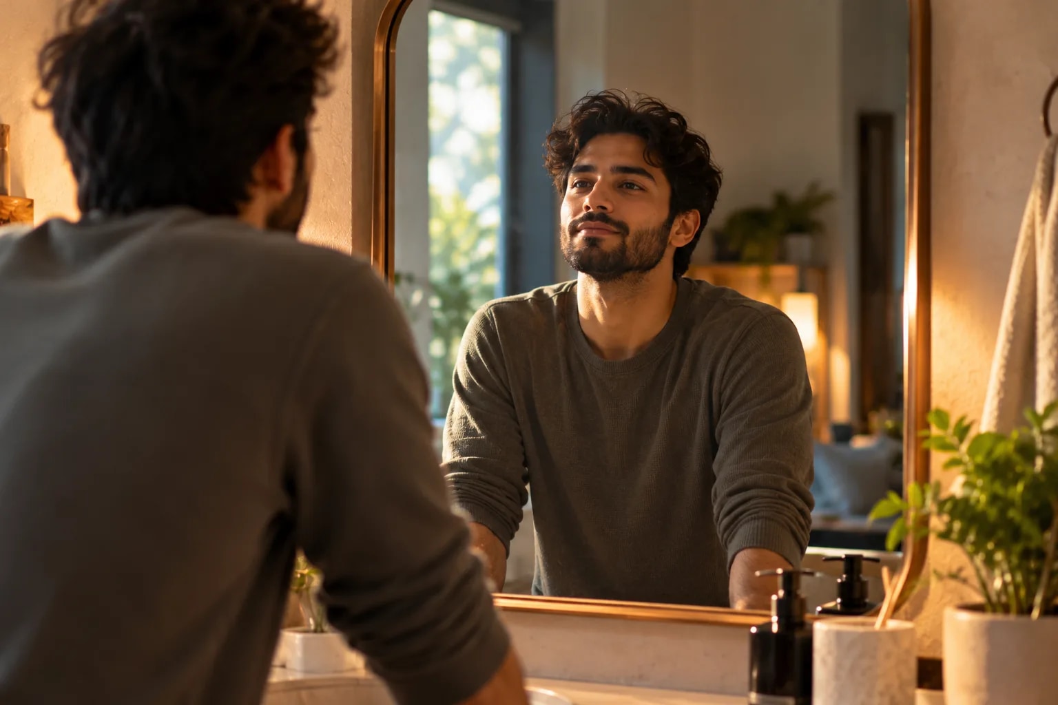 Man with peaceful expression looking at his reflection in mirror, representing self-trust and acceptance in recovery