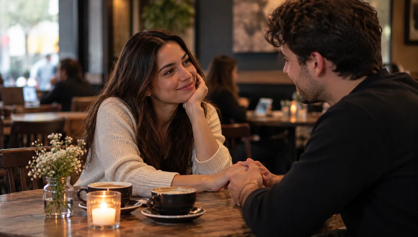 Man and woman on intimate early-stage date in café with candles and flowers, showing the seemingly perfect romantic beginning that can signal love-bombing in recovery relationships