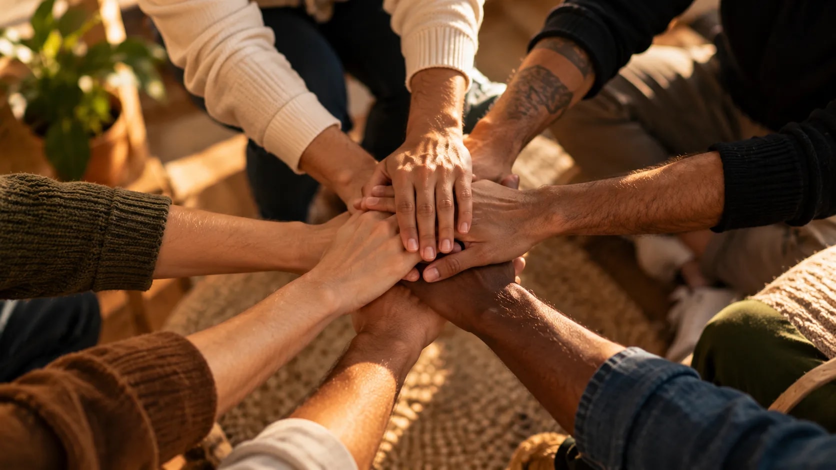 Diverse group of hands meeting together in a circle in warm light, representing community support and healing together in recovery