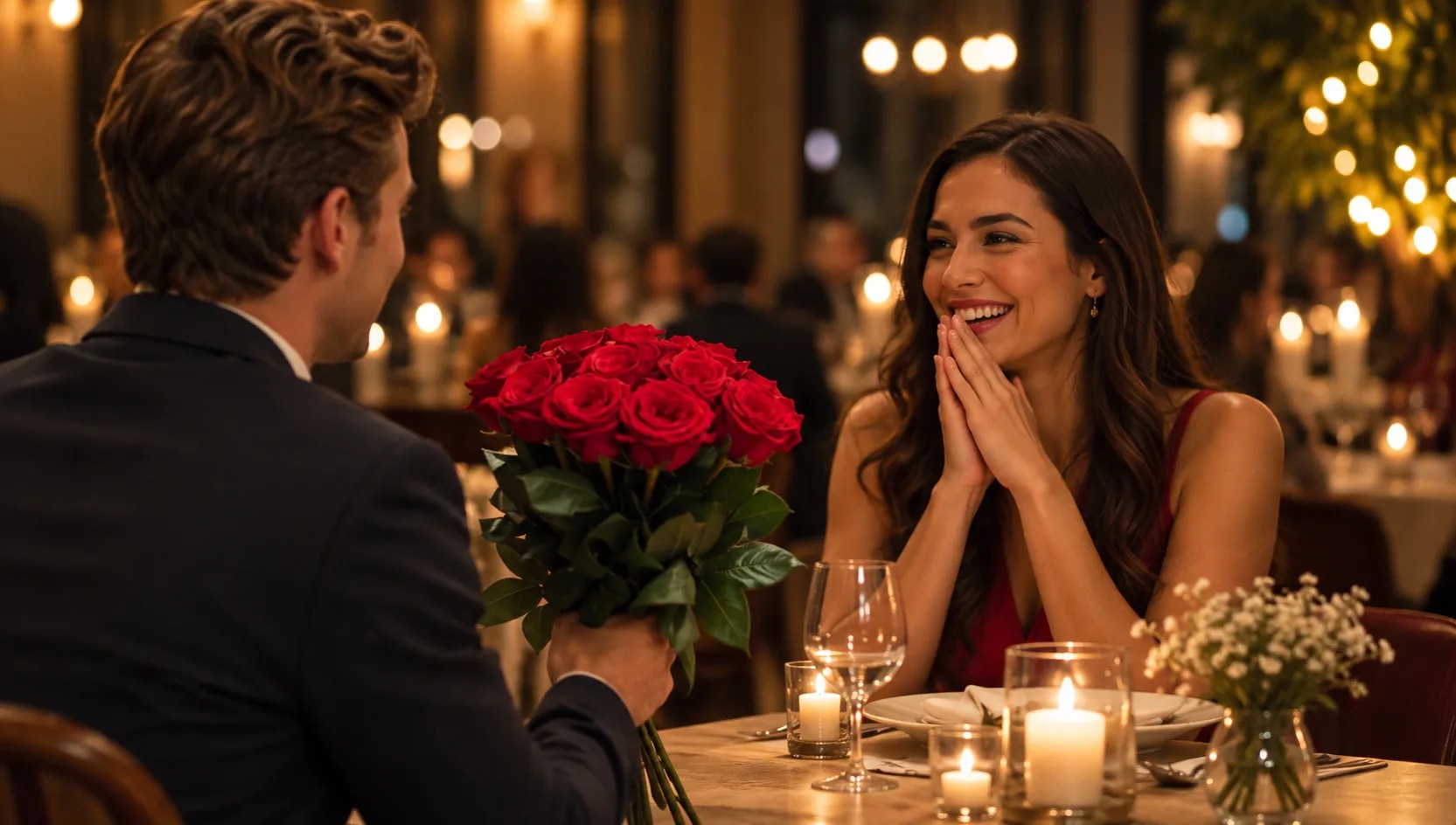 Man in dark suit presenting red roses to woman in elegant red dress at candlelit restaurant table with water glasses and place settings