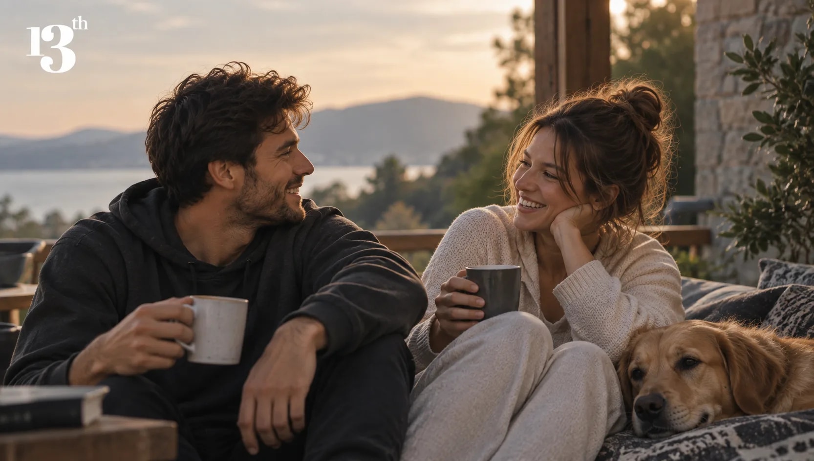 Couple viewing sunset over mountain lake from a balcony, representing a healthy sober relationship with trust and connection