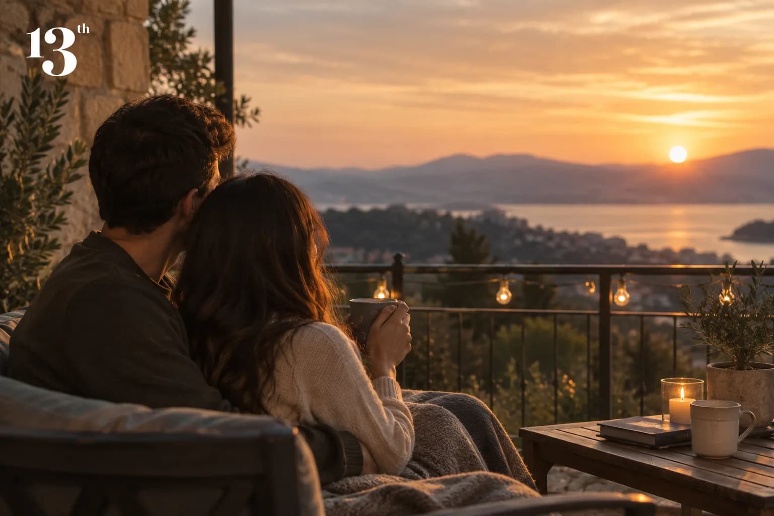 Man and woman sharing coffee on a balcony overlooking mountains and a lake, representing genuine connection in sober dating