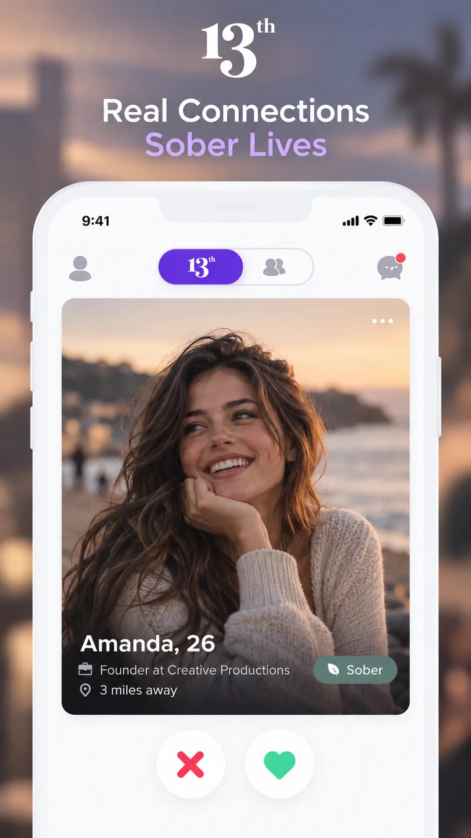 13th Step dating app phone screen showing Amanda, 26, with a Sober badge and like or pass buttons