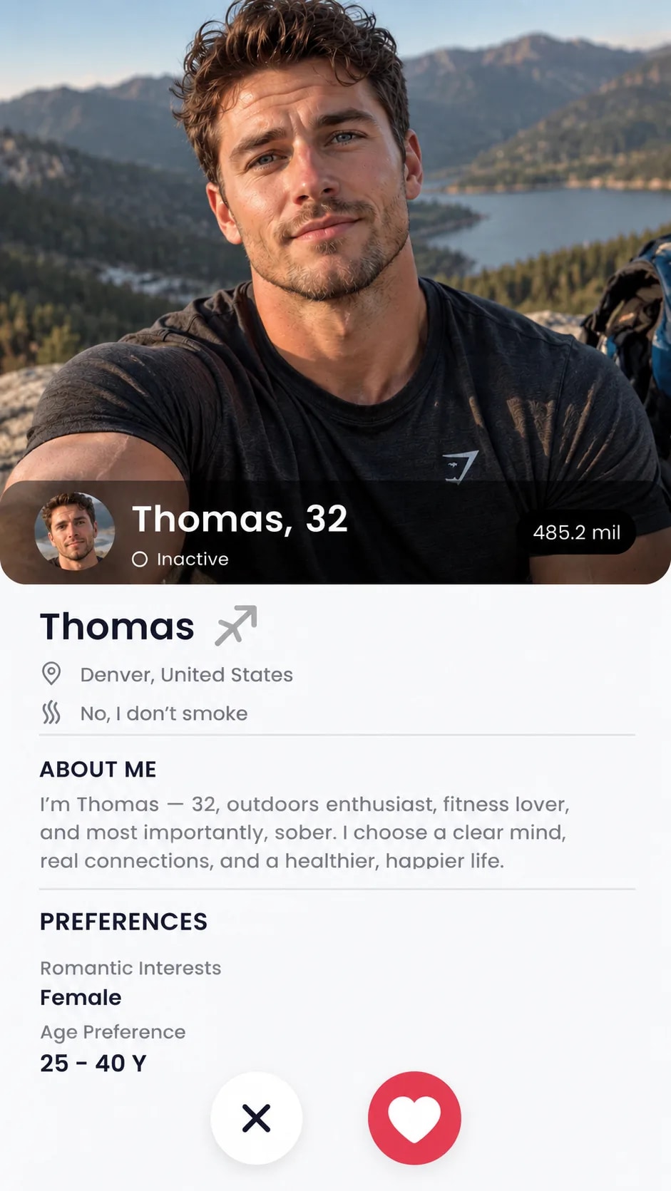 Dating profile card for Thomas, 32, from Denver, highlighting that he is sober with an About Me bio and like or pass buttons