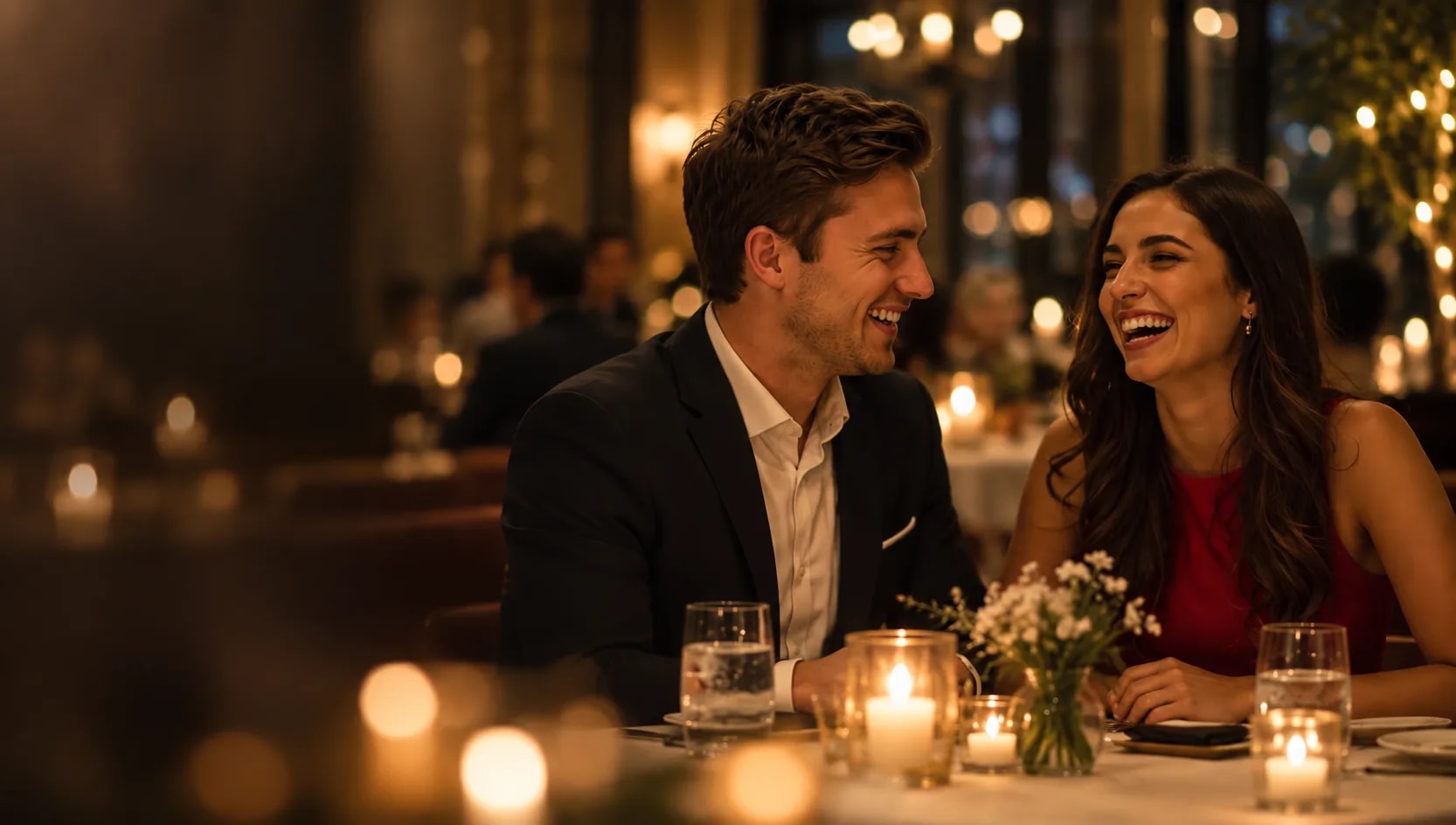 Smiling man and woman laughing together at candlelit dinner table surrounded by candles, flowers, and water glasses in warm ambient restaurant lighting