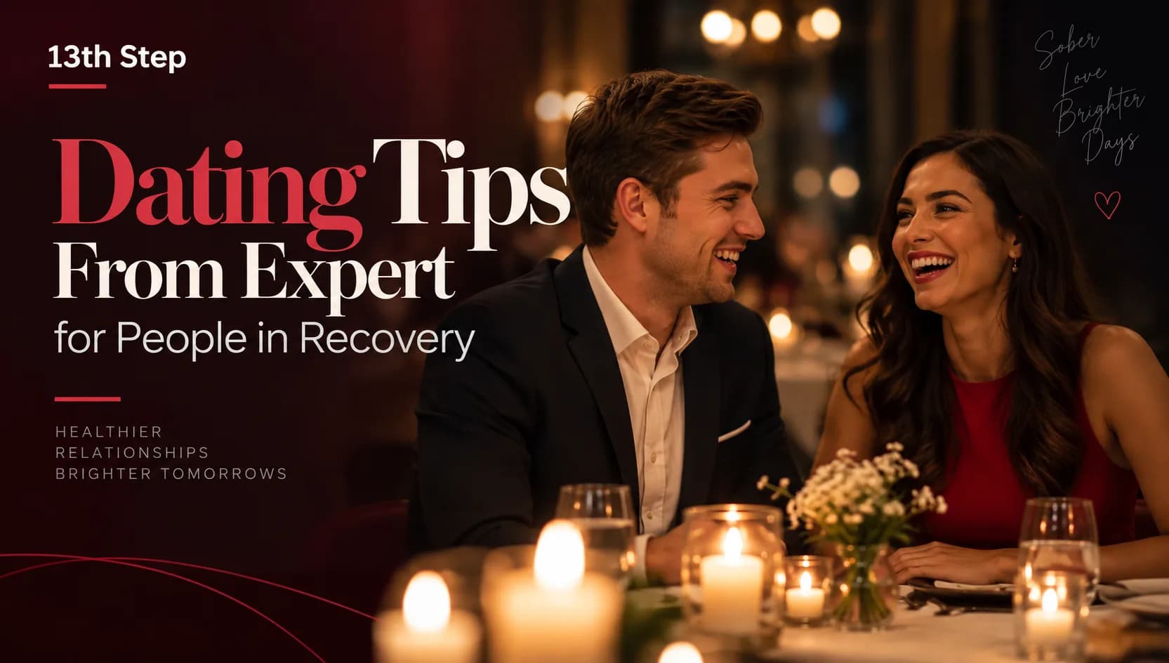 Smiling couple at candlelit dinner table. 13th Step logo and text: 'Dating Tips From Expert for People in Recovery' with 'Healthier Relationships, Brighter Tomorrows' tagline