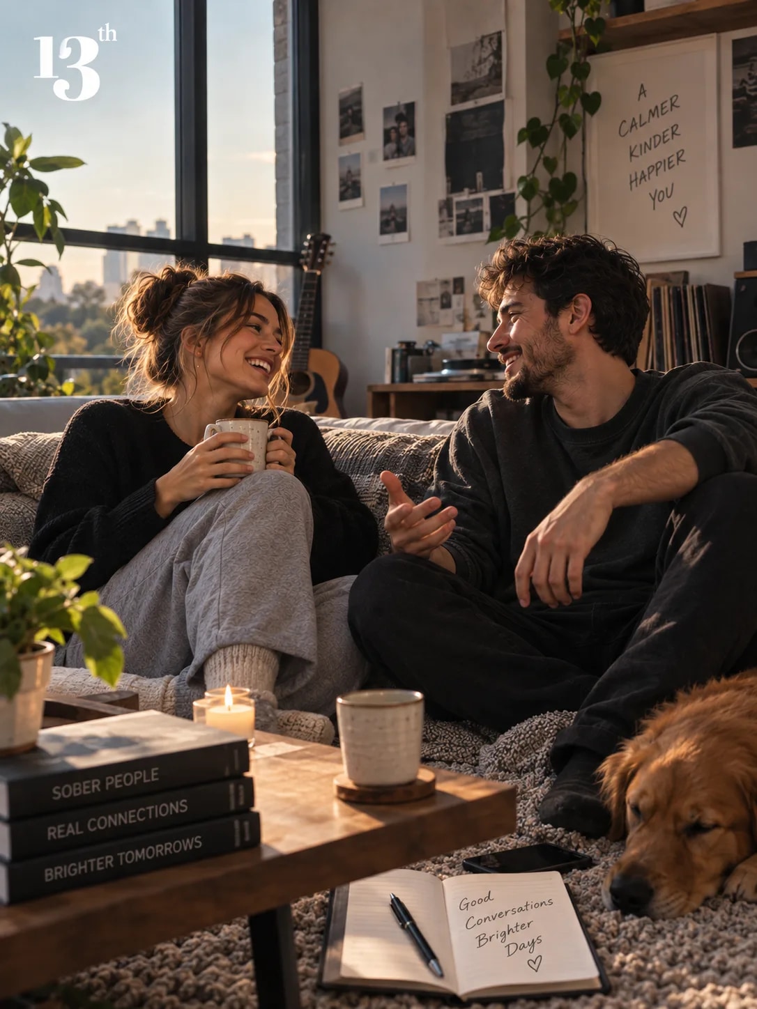 Sober couple laughing together at home with recovery books and dog, showing healthy communication and genuine connection in sober dating relationships